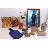 MIXED COLLECTION - KNIGHT HELMET, CHARLIE CHAPLIN MIRROR 33CM X 22CM, OLD ADVERTISING TINS, ETC.
