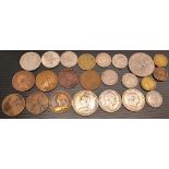 COLLECTION OF COINS - INC 3 GEORGIAN SILVER ONE SHILLING, HALF CROWNS, A VICTORIAN FLORIN ETC.