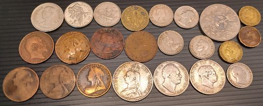 COLLECTION OF COINS - INC 3 GEORGIAN SILVER ONE SHILLING, HALF CROWNS, A VICTORIAN FLORIN ETC.