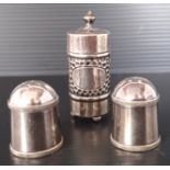 SILVER 1911 PEPPERETTE AND A PAIR OF SILVER PLATED SALT AND PEPPER POTS