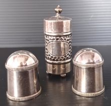 SILVER 1911 PEPPERETTE AND A PAIR OF SILVER PLATED SALT AND PEPPER POTS