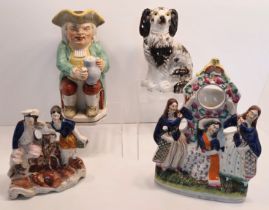 4 STAFFORDSHIRE INC DRUNK PARSON TOBY JUG & B/W SPANIEL TALLEST 11"