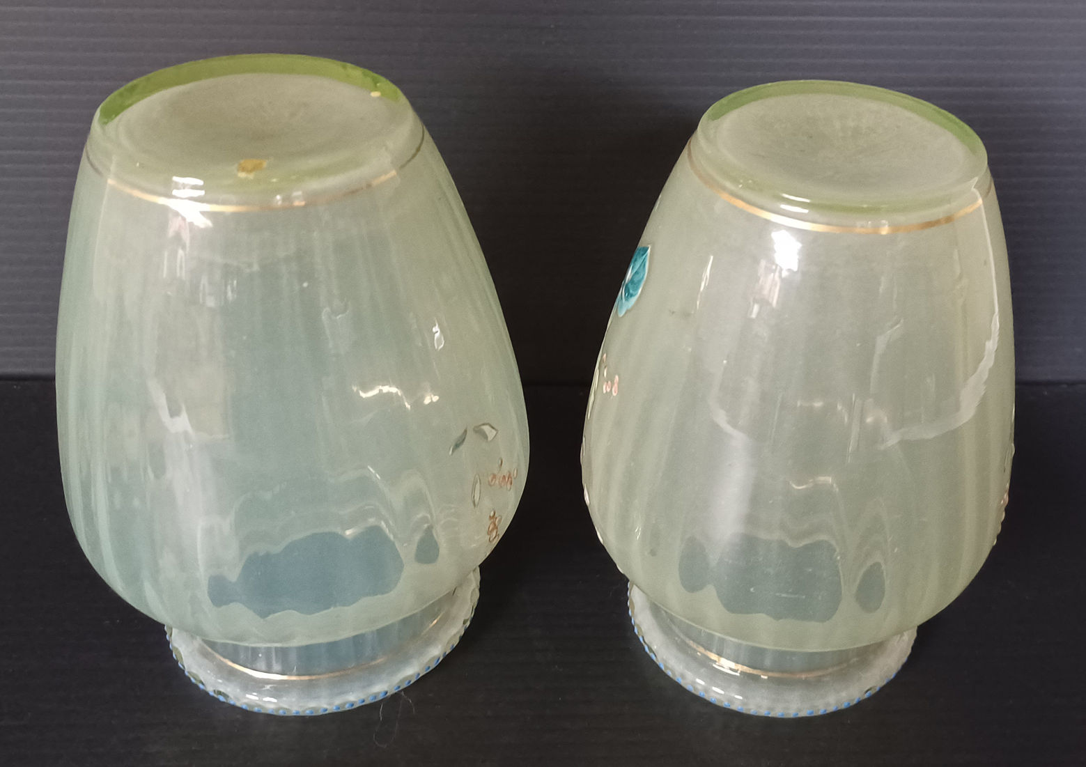 2 HAND PAINTED URANIUM GLASS VASES 5" TALL - Image 5 of 5