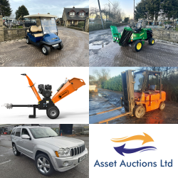 ENDS WEDNESDAY 10AM! CLUB CAR ELECTRIC BUGGY, JOHN DEERE 4WD MOWER, PLANT TRAILER, BRAND NEW CHIPPER, JEEP CHEROKEE, 2.5T HIGH LIFT FORKLIFT!