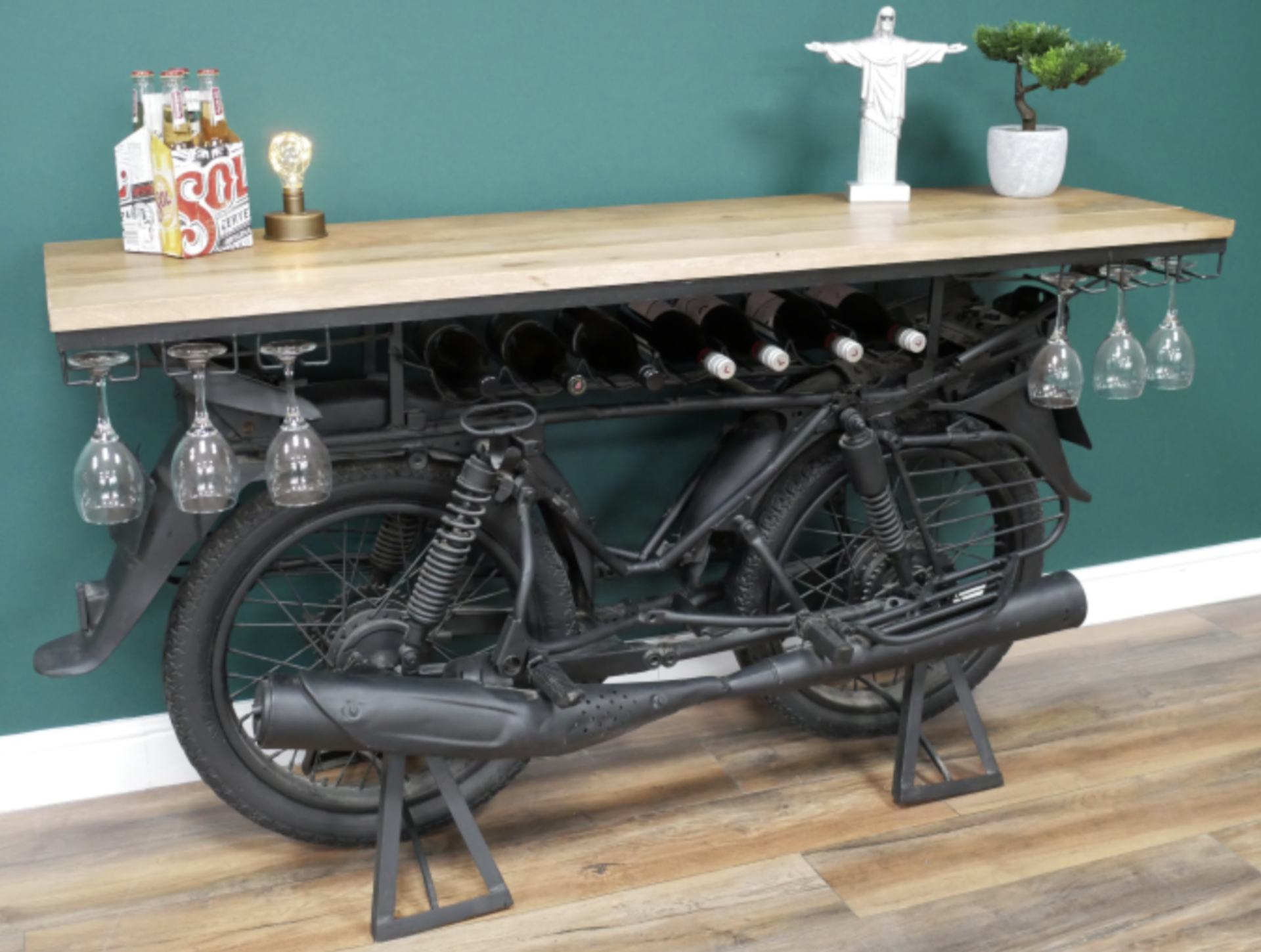 MOTORBIKE THEMED BAR TOP / COUNTER WITH WINE RACK AND GLASS HANGERS *PLUS VAT*