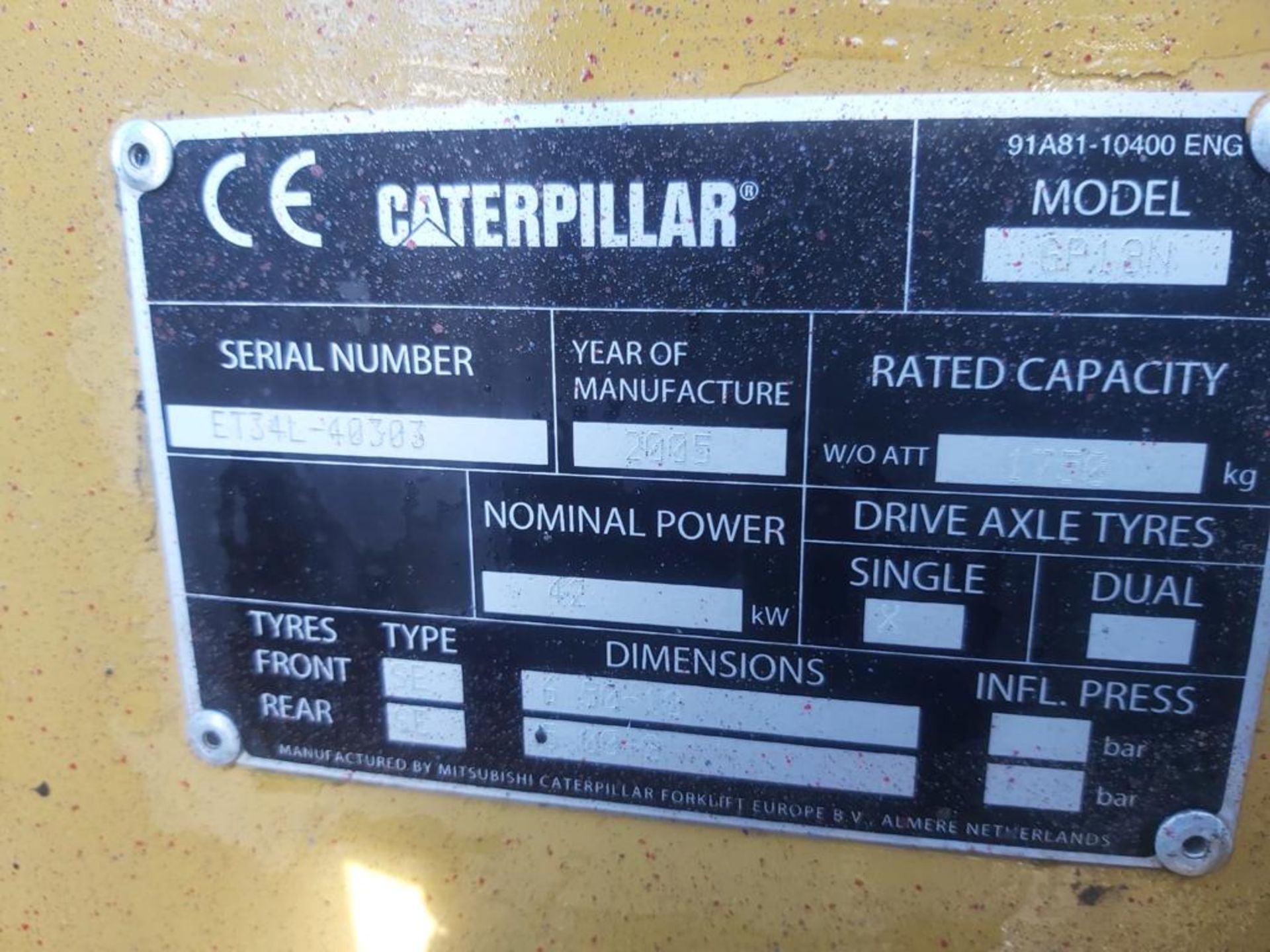 2005 CATERPILLAR GP18N GAS POWERED FORKLIFT, 1750KG CAPACITY, NOMINAL POWER: 42 KW *NO VAT* - Image 12 of 13
