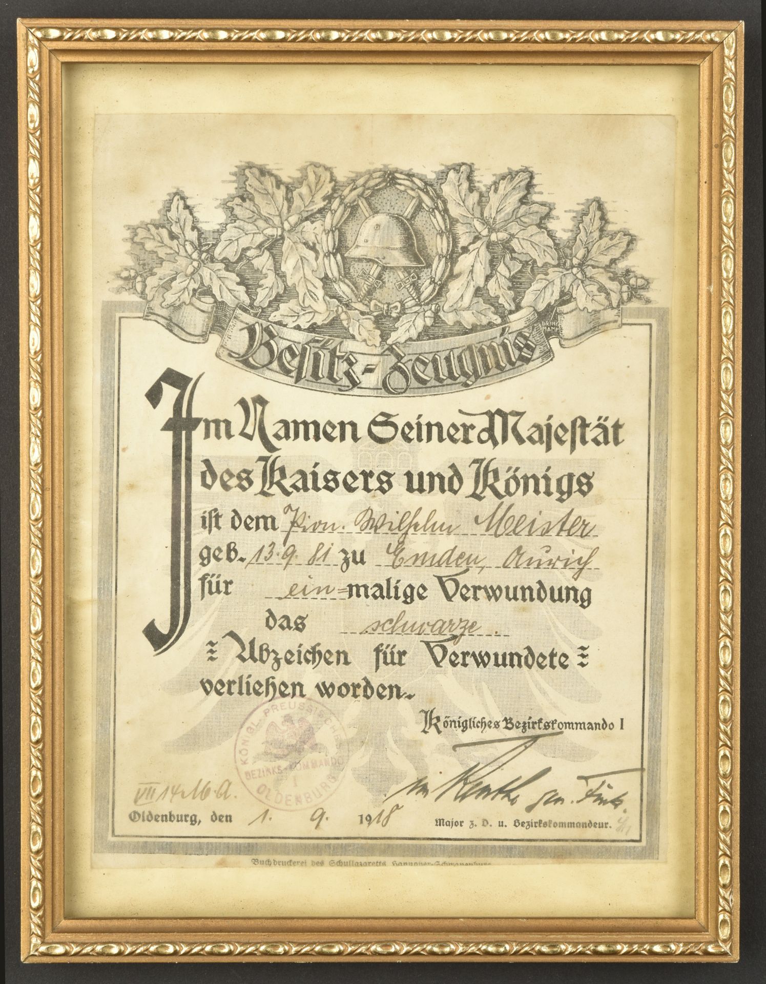 Diplome de la medaille des blesses. Diploma for the wounded.