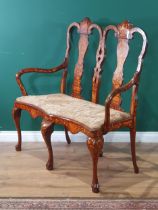 An antique Dutch marquetry inlaid walnut Salon Settee with splat back raised on cabriole front