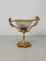 A 19th Century agate Pedestal Bowl with gilded metal handles in the form of an angel and fairy, with