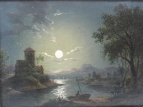 SEBASTIAN PETHER (1793-1844). A moonlit river landscape, oil on canvas, 6 x 7 1/2 in For another