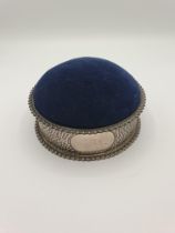 A hammered silver domed Pin Cushion/Trinket Box with blue plush to lid Chester 1902, 5 1/2in