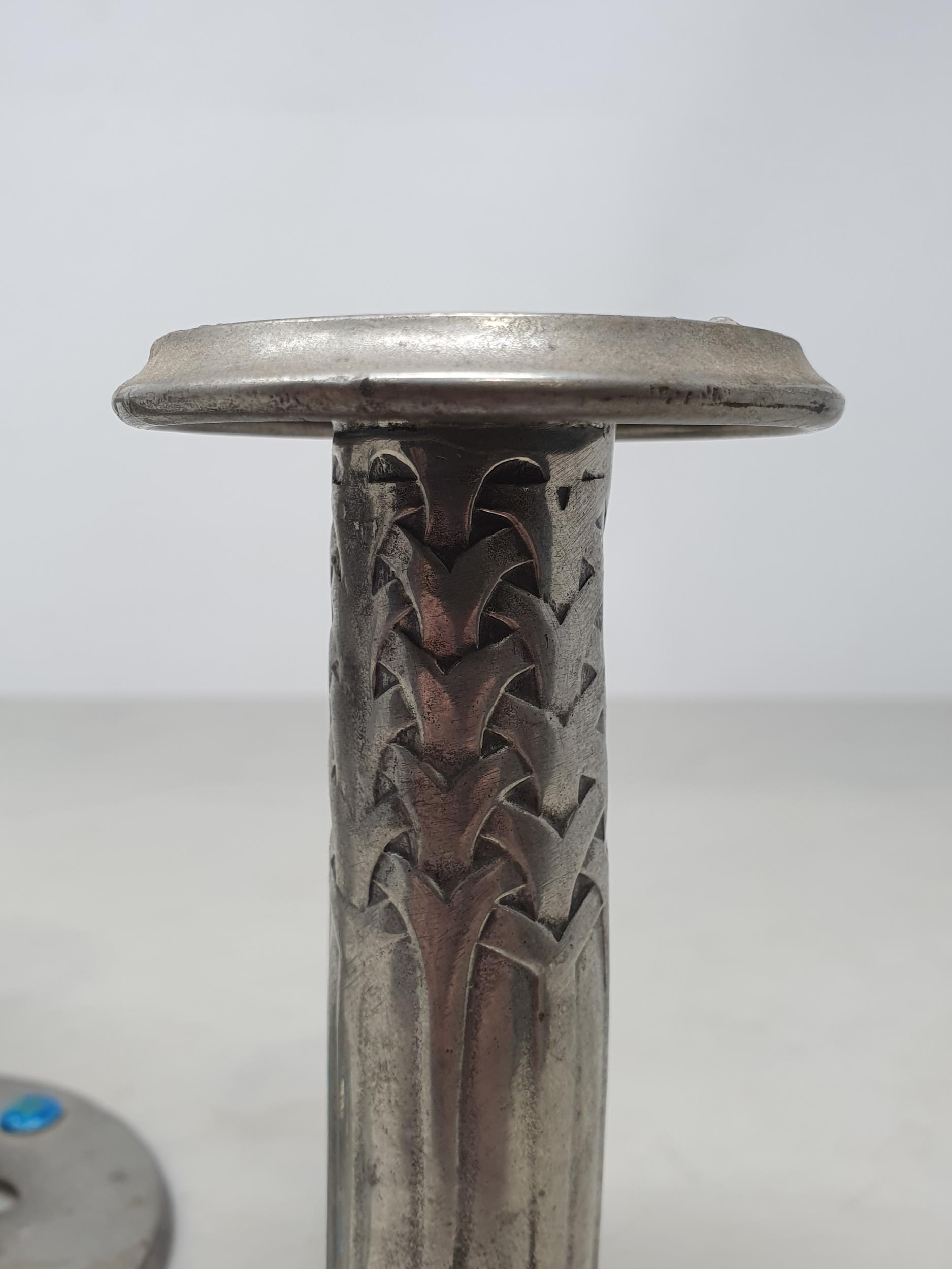 A pair of Arts and Crafts "Liberty and Co - Tudric Pewter" Squat Candlesticks with stylised - Image 4 of 13