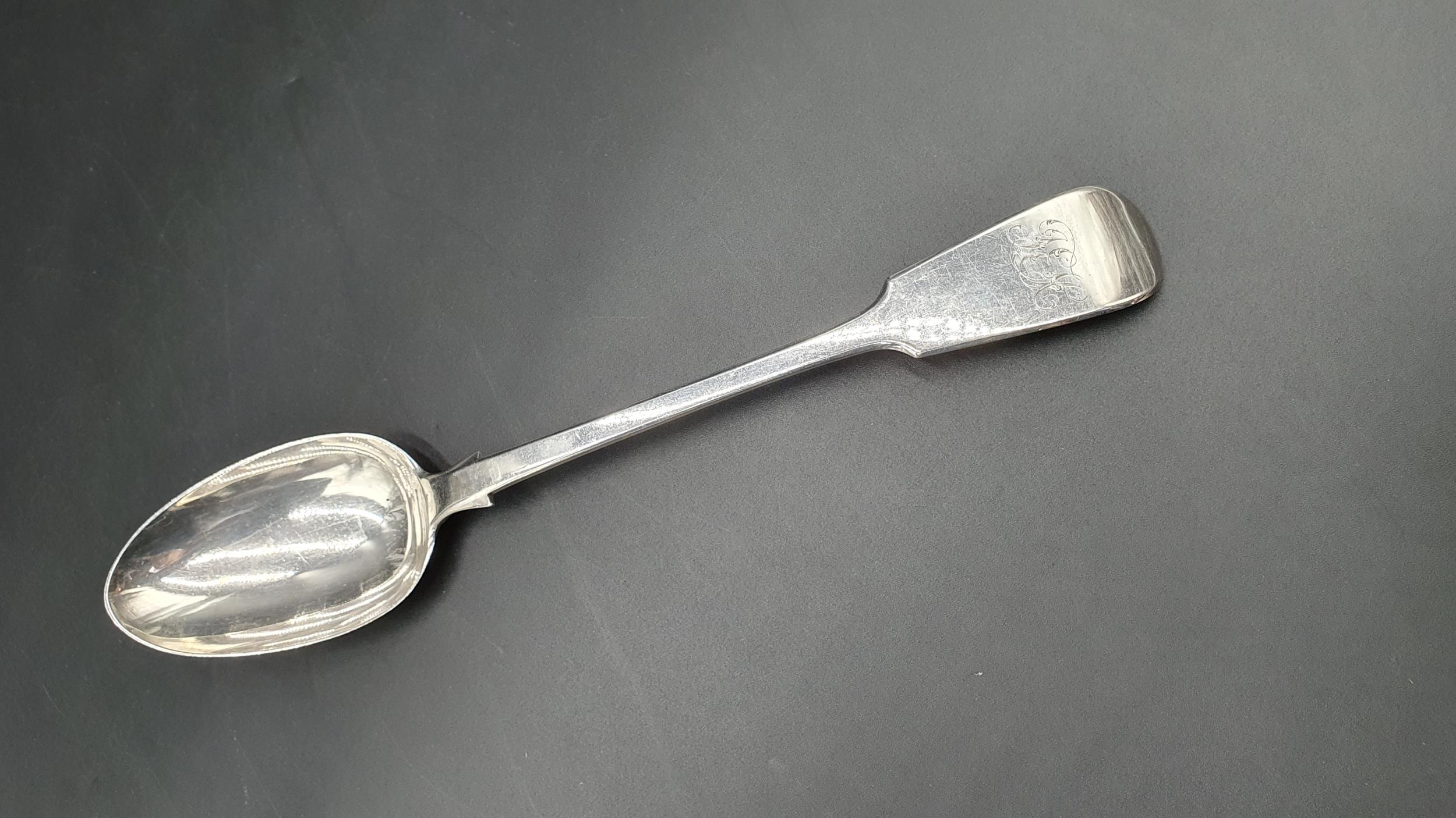 A Victorian silver Basting Spoon fiddle pattern engraved initials, London 1863, maker: G Adams