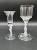 A Georgian style Wine Glass with bell shape bowl on double knop stem with multi series opaque