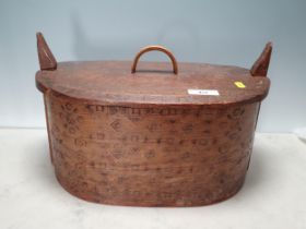 An antique Scandinavian bark lidded Box with scratch work decoration 1ft 4in W x 1ft H