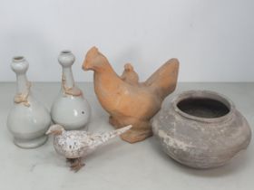 A pair of Chinese cream glazed bottle Vases with applied unglazed Dragon mounts, 7.5"High, an