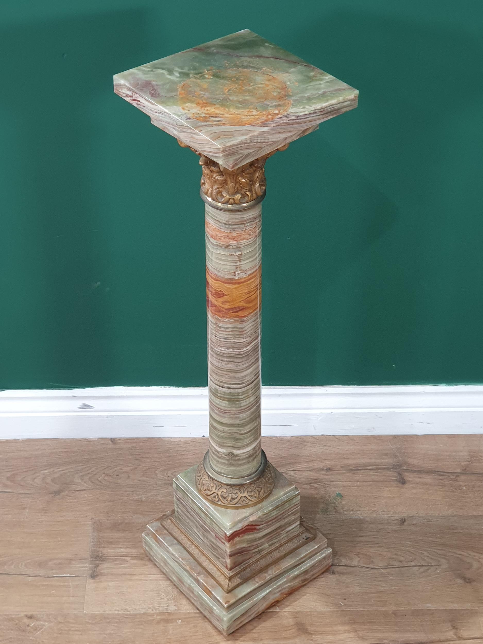 A green and variegated marble Pedestal with square top on cylindrical column, gilt metal capital and - Image 2 of 2
