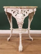 A cast iron white painted circular Garden Table with pierced top, figural supports and paw supports,