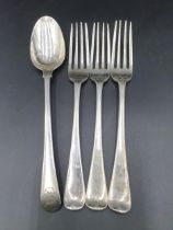Three George III silver Dinner Forks old english pattern engraved crests, London 1813 and a George