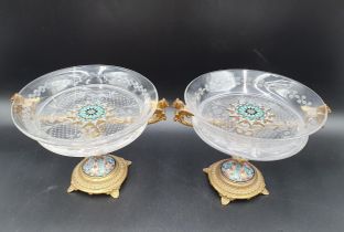 A pair of gilt-metal, enamel and glass Tazzas with floral etched glass surmounts centred by blue,