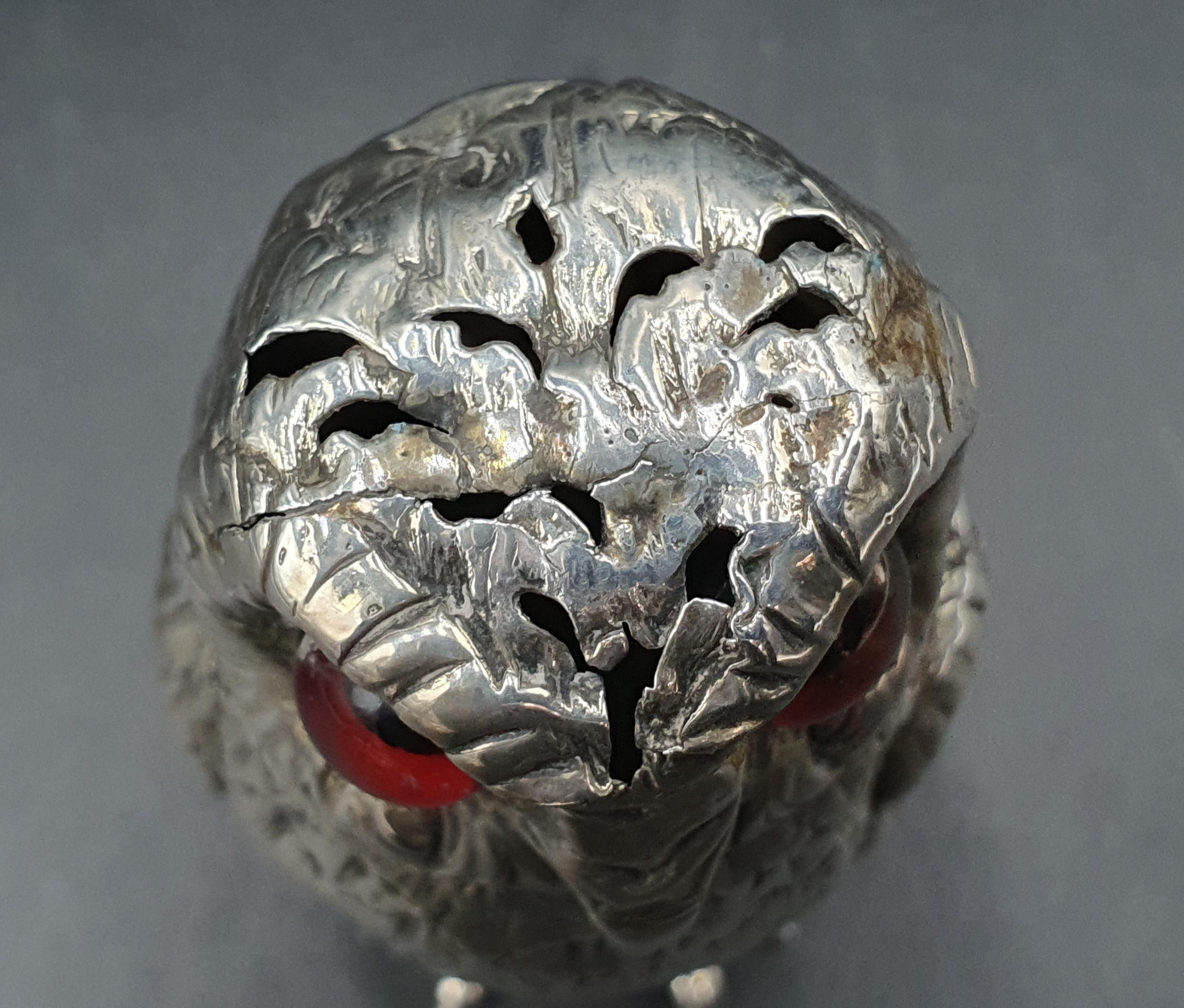 A Victorian silver large owl Pepperette with coloured glass eyes, London 1862, maker: probably - Image 2 of 5