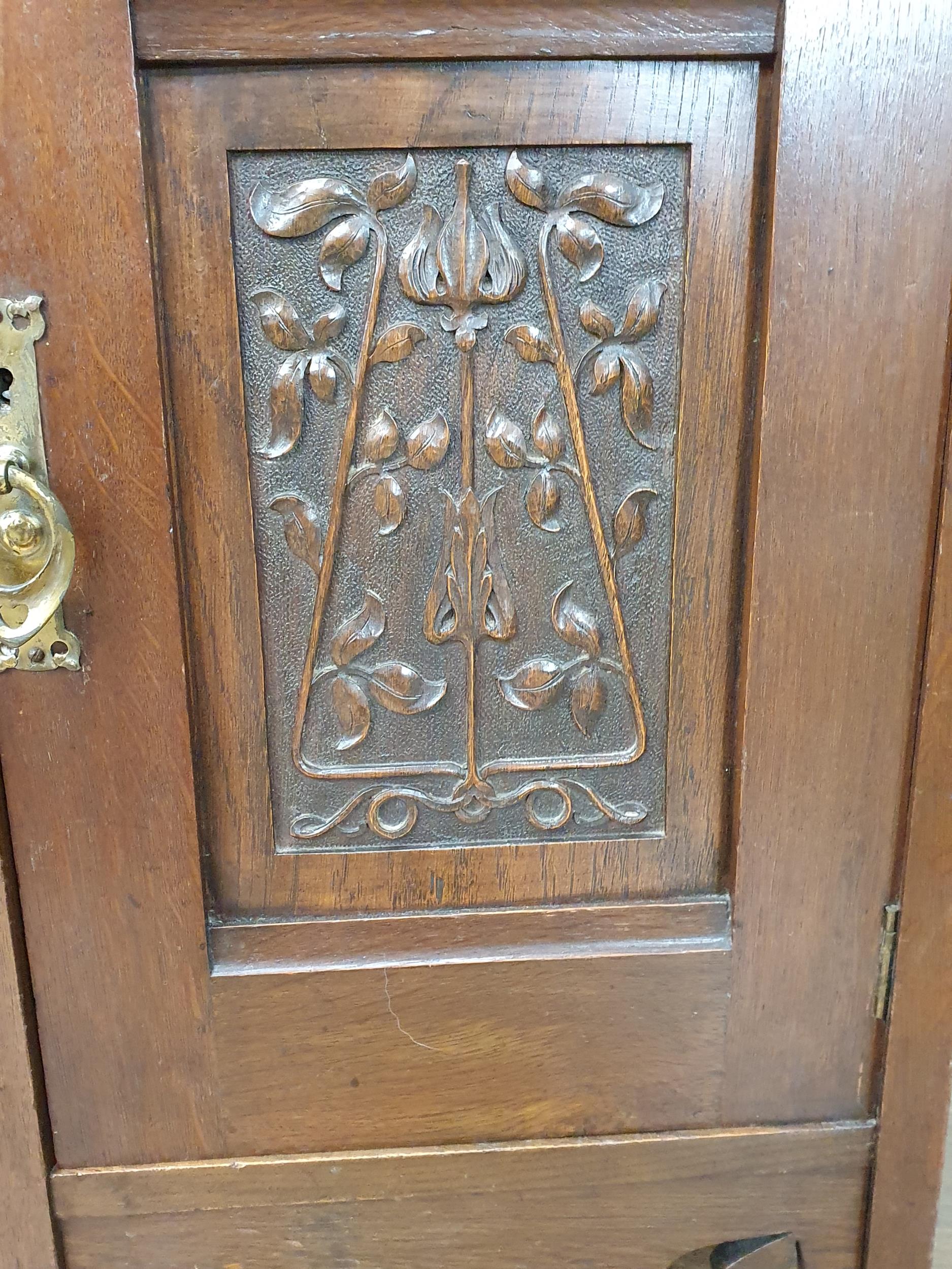 An oak Art Nouveau Mirrorback Sideboard, the upper section with a pair of inlaid doors, the base - Image 2 of 7