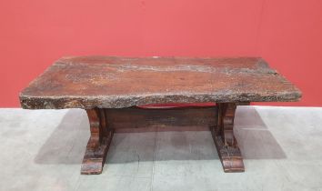 An old rustic oak Refectory Table with very thick top on later trestle base with stout square