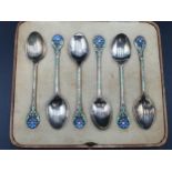 Six Edward VIII silver and coloured enamel Coffee Spoons with floral stems, Birmingham 1936,