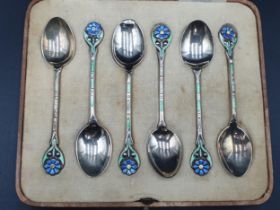 Six Edward VIII silver and coloured enamel Coffee Spoons with floral stems, Birmingham 1936,