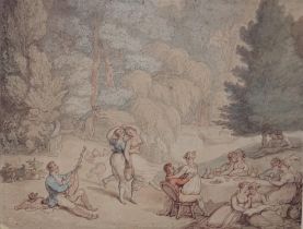 THOMAS ROWLANDSON (1756-1827). A Musical Party by a Lake, brown ink and watercolour, on card, 9 1/