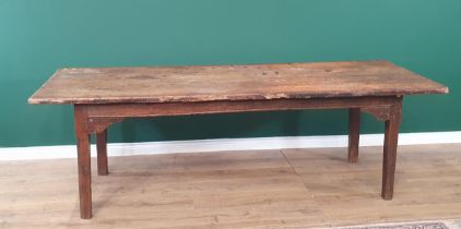 An antique oak Farmhouse Table with thick two plank top on chamfered square legs, 2ft 9in x 8ft