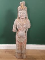 A carved and painted heavy stone Sculpture of Buddha in robes, A/F, 2ft 11"High (Hands Missing and