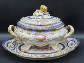 An impressive Limoges two handled oval Tureen, Cover and Stand painted bowls of flowers, gilt