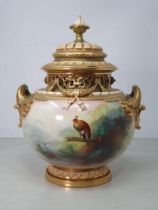 A Royal Worcester pot pourri with two scroll embossed handles, decorated swags, pierced border and
