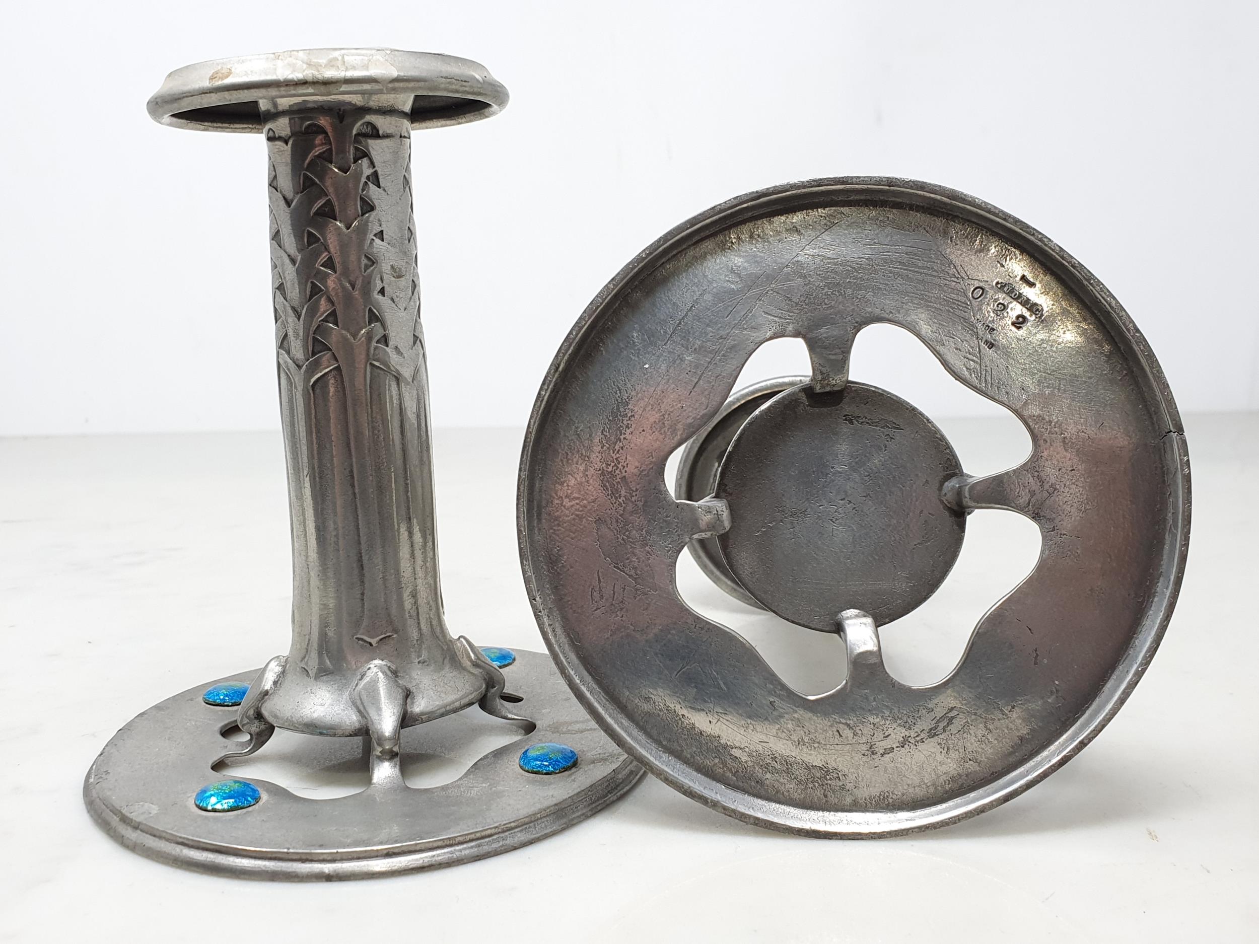 A pair of Arts and Crafts "Liberty and Co - Tudric Pewter" Squat Candlesticks with stylised - Image 6 of 13