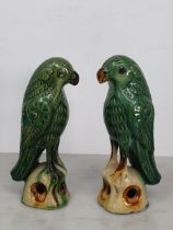 A near pair of Chinese Sancai style green crackle glazed Parrots upon pierced tree stump supports,