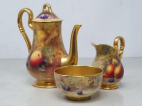 A Royal Worcester Coffee Set having baluster coffee pot with domed lid, a sugar bowl and small