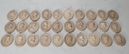 Thirty Georgian relief moulded oval plater Plaques depicting nobility, 2 7/8 in, stamped P. Bemi