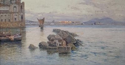 GUISEPPE CARELLI (1858-1921) The Bay of Naples, signed, oil on panel, 8 1/4 x 15 in Guseppe