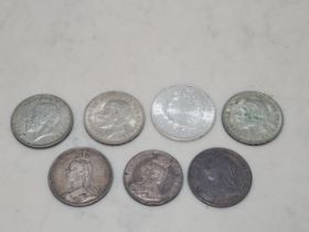Silver Crowns 1889, 1899, 1927, 1935 x 2, a Double Florin 1887, and France 50 Francs 1978 (7)