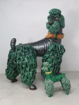 A large Continental green glazed Pottery Poodle with simulated leather collar, 1ft 5"High x 1ft 2"