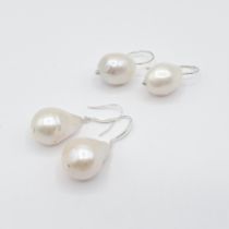 Two pairs of Baroque Pearl Ear Pendants on silver wire fittings