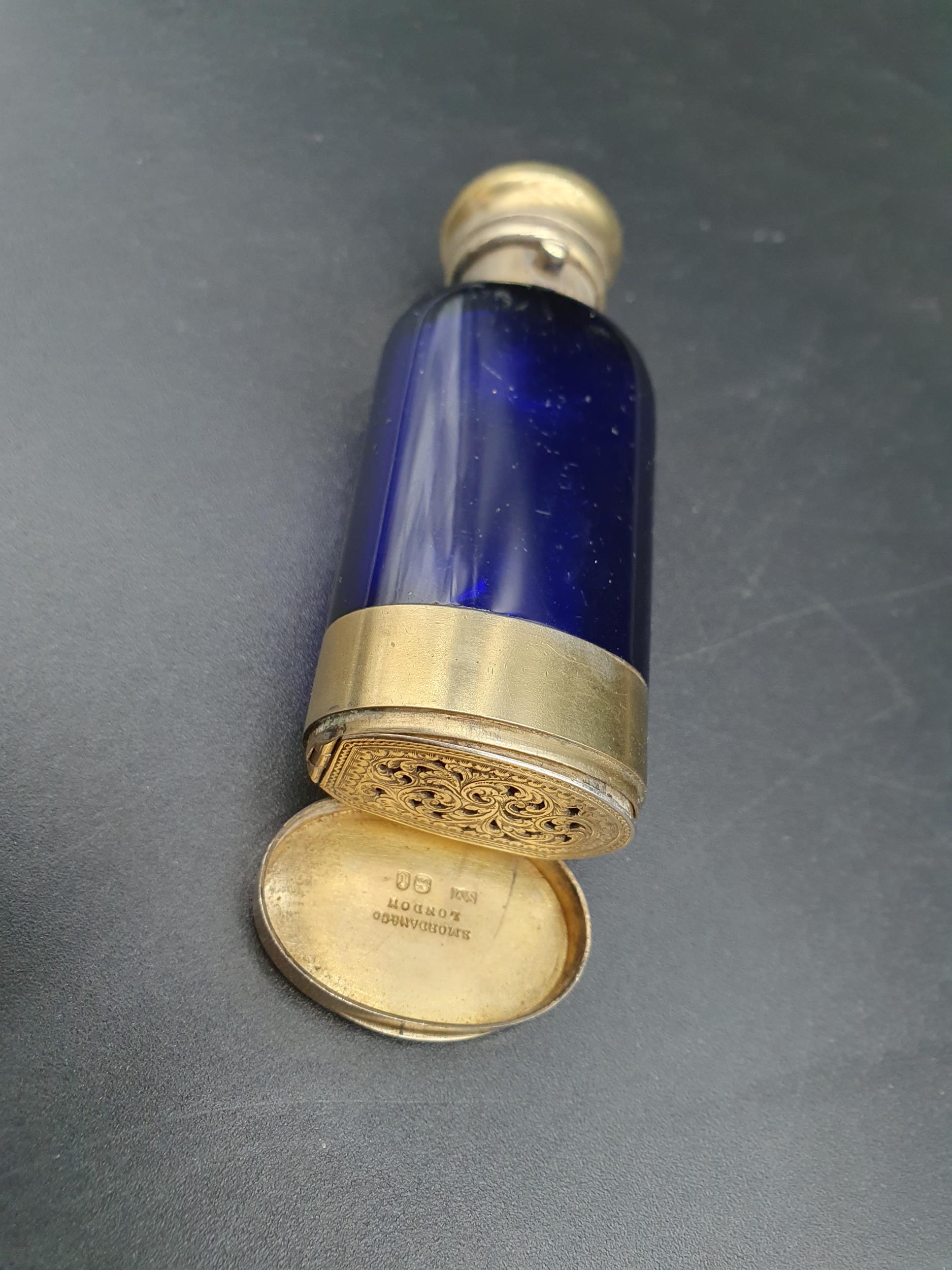 A Victorian silver-gilt mounted blue glass Scent Bottle/Vinaigrette with finely scroll pierced and - Image 2 of 10