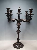 A bronze four branch Candelabra with scrolled foliate arms, on knopped stem and petal shaped base,