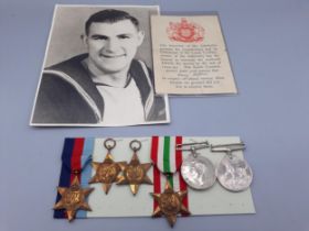 Six; WWII 1939-45 Star, Atlantic Star, Africa Star, Italy Star, Defence and War Medals to Petty