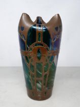 An iridescent Art Nouveau glass Vase with copper overlay decoration, with folded triangular shaped