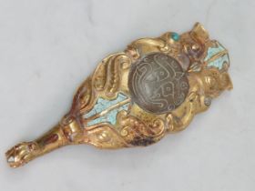 An Oriental gilt metal Belt Hook or Clothes Fastener in the form of an Owl, with coloured stone
