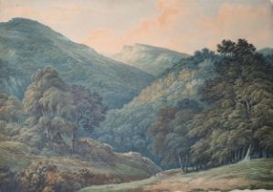 JOHN GLOVER OWCS (1767-1849). An extensive wooded valley landscape with buildings under trees,