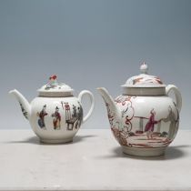 Two Worcester globular Teapots, one painted chinoiserie figures in coloured enamels with items of