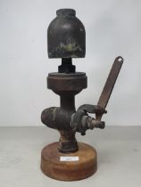 A brass Steam Locomotive Whistle on wooden stand 14 1/2in H